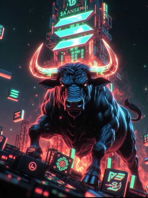 A digital artwork of a fierce, muscular bull with glowing red eyes and a neon-green structure on its back, set against a fiery, futuristic cityscape.