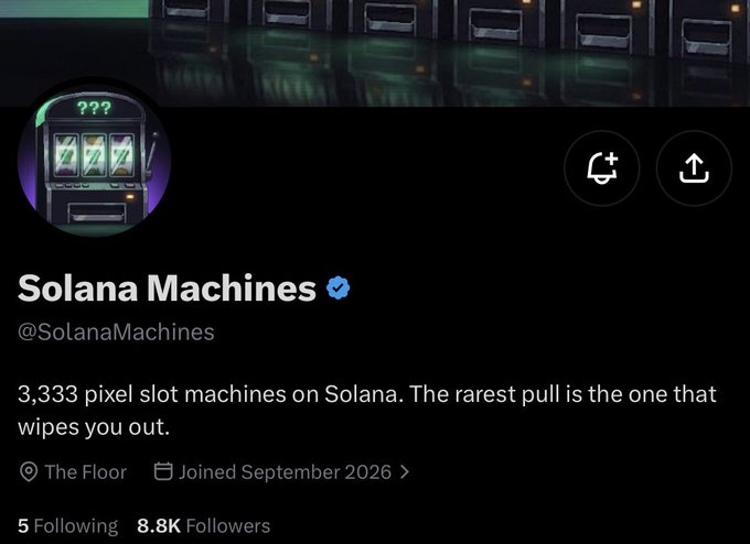 The image shows the Twitter/X profile page for **@SolanaMachines**, featuring a pixelated slot machine avatar with "???" displayed and the tagline: *"3,333 pixel slot machines on Solana. The rarest pull is the one that wipes you out."* The account joined in September 2026 and has 8.8K followers. This relates to the post highlighting it as one of the day's free mints worth watching for a potential runner.