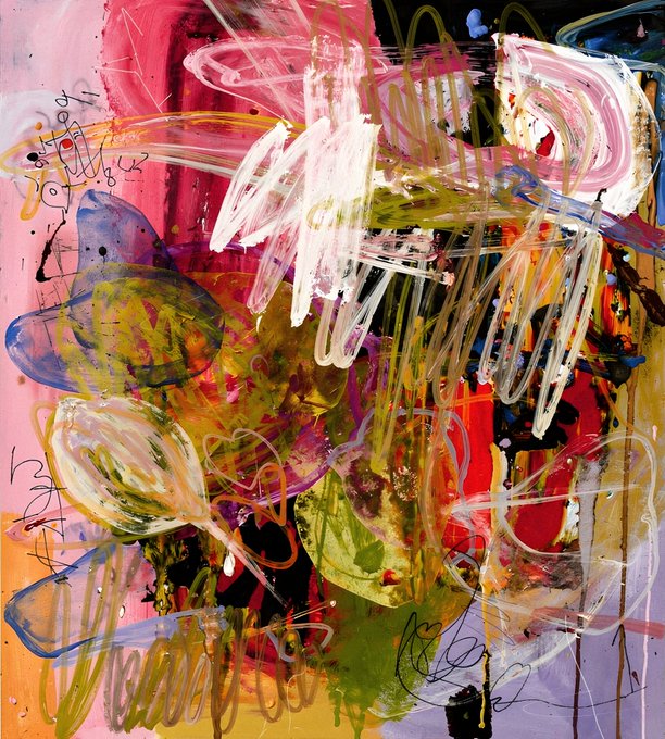The image features a painting with an abstract style, predominantly pink and white colors. The artwork has a chaotic appearance due to its messy brushstrokes and splatters of paint. The artist's signature can be seen at the bottom right corner of the painting. The post that accompanies this artwork is titled "The Person I Never Became #tezosart" and is written in a smaller font size than the rest of the image, making it stand out against the background.