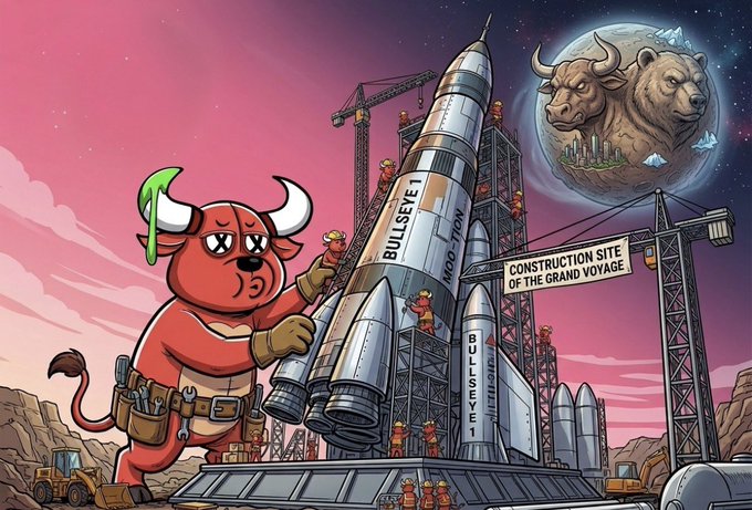 A cartoon illustration depicting a red bull wearing a hard hat and tool belt working on the construction of a rocket labeled 'BULLSEYE 1', with a sign reading 'CONSTRUCTION SITE OF THE GRAND VOYAGE' and a celestial bull in the background.
