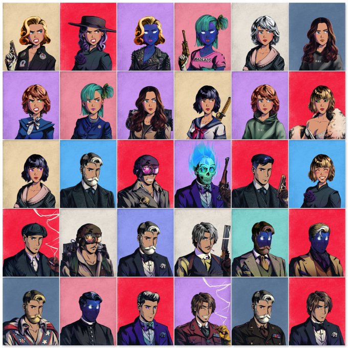 A grid of 30 illustrated character portraits, reminiscent of comic book or RPG styles, displaying various individuals in different outfits against brightly colored backgrounds.
