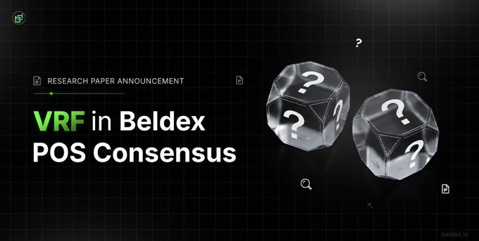 A research paper announcement graphic titled 'VRF in Beldex POS Consensus' featuring translucent icosahedrons with question marks and the beldex.io logo.
