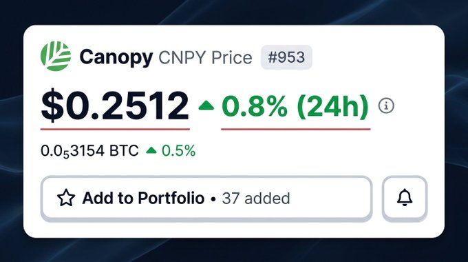 A cryptocurrency price tracker widget displays 'Canopy CNPY Price #953' at $0.2512, up 0.8% (24h), with a value of 0.003154 BTC up 0.5%, featuring an 'Add to Portfolio' button.