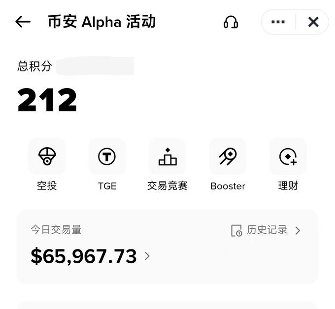 A Chinese-language app screen showing '币安 Alpha 活动' (Binance Alpha Activity) with a total score of 212, today's trading volume of $65,967.73, and icons for airdrops, TGE, trading competitions, Booster, and financial management.