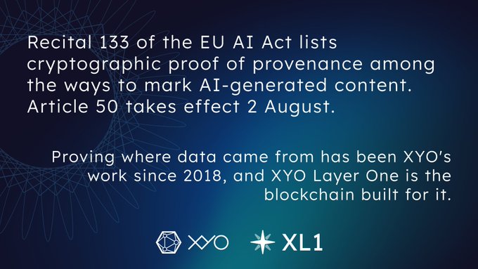 A dark promotional graphic notes that Recital 133 of the EU AI Act lists cryptographic proof of provenance as a method for marking AI-generated content, with Article 50 effective 2 August, and highlights that proving data origin has been XYO's work since 2018, culminating in the XYO Layer One (XL1) blockchain.