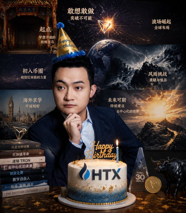 A promotional birthday image featuring Justin Sun wearing a 'Happy Birthday' hat in front of Chinese text about his journey, with an HTX-branded cake, books including '波场TRON' and 'THE BITCOIN STANDARD', and a Forbes 30 Under 30 trophy.