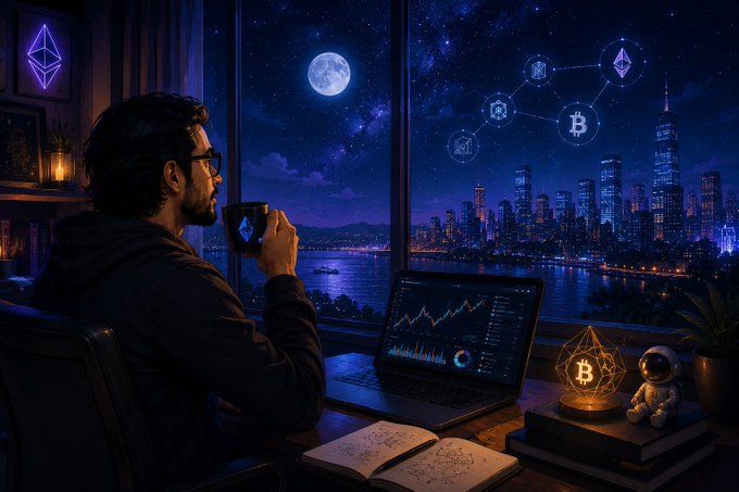 A man sips from an Ethereum-themed mug while reviewing cryptocurrency charts on his laptop, gazing out over a moonlit city skyline adorned with floating Bitcoin and Ethereum logos—capturing the quiet, late-night research and patient conviction reflected in the "Good Night, Crypto Fam" message.