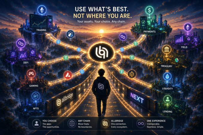 A promotional digital art poster for 'allbridge' with the tagline 'USE WHAT'S BEST. NOT WHERE YOU ARE.' and 'Your assets. Your choice. Any chain.', depicting a person standing on a glowing pathway surrounded by floating islands labeled Trading, Payments, Yield, Treasury, Liquidity, Lending, NFTs, and Gaming.