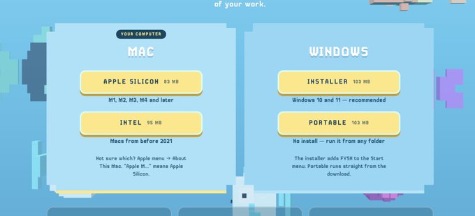 A pixel art-style download page showing options for Mac (Apple Silicon 93 MB and Intel 95 MB) and Windows (Installer 103 MB and Portable 103 MB) software downloads.