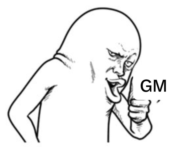 A black and white sketch-style drawing of a bald figure leaning forward with a finger to its lips, accompanied by the text 'GM'.