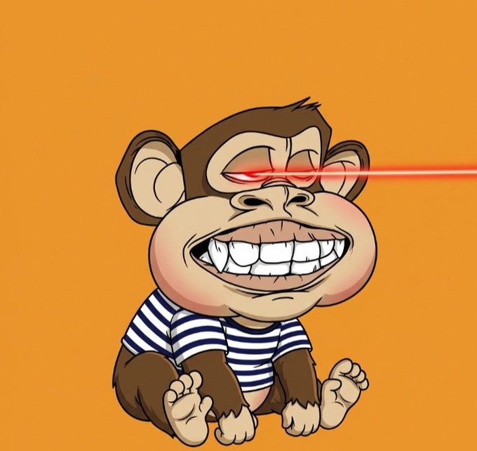 A cartoon illustration of a grinning monkey with glowing red laser eyes, wearing a blue and white striped shirt against an orange background.