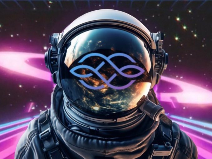 A digital artwork of an astronaut in a spacesuit with a glowing infinity-like symbol reflected on the helmet visor, set against a cosmic background of stars and pink swirling energy.