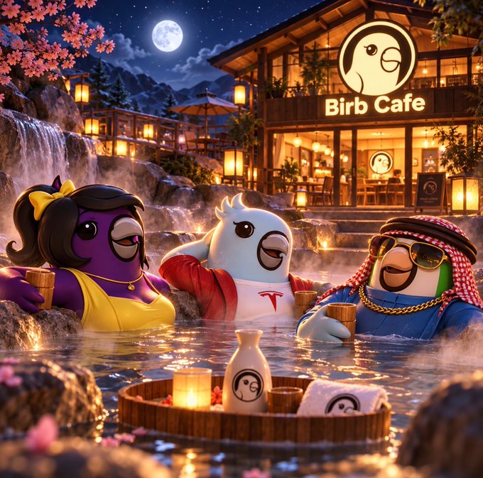 An illustrated scene titled 'Birb Cafe' showing three cartoon birds relaxing in a Japanese-style hot spring at night, with cherry blossoms, a full moon, and a wooden building in the background.