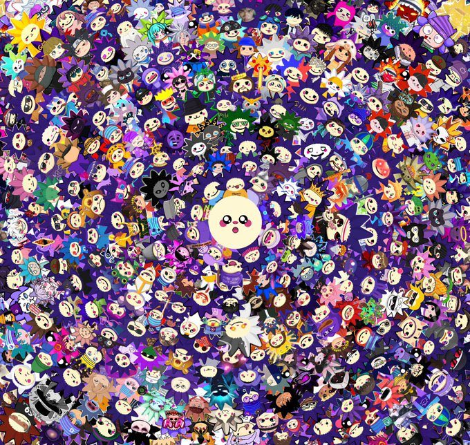 A dense, colorful collage filled with hundreds of small cartoon character illustrations, featuring a larger white round face with rosy cheeks in the center against a purple background.