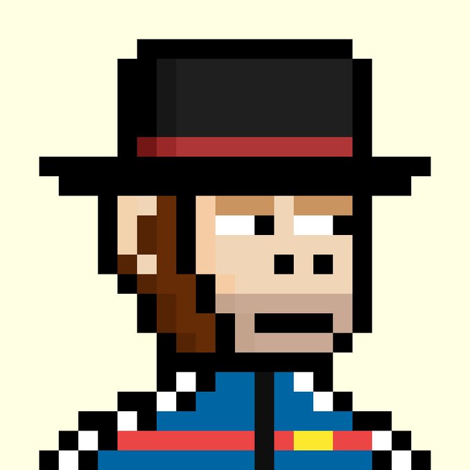 A pixel art portrait of a character wearing a black top hat with a red band, a blue jacket with red and yellow accents, and featuring brown hair or a beard.