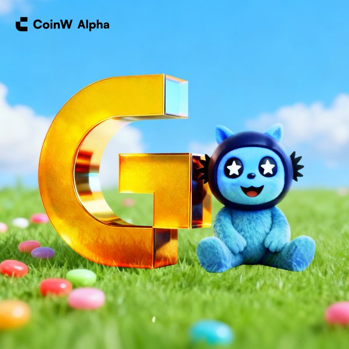 A blue plush toy sits on grass next to a large golden 'G' and scattered jelly beans, with a 'CoinW Alpha' logo in the top left corner.