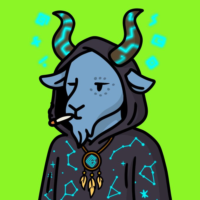 A stylized illustration depicts a blue goat wearing a dark hoodie with constellation patterns, sporting glowing teal horns, and smoking a cigarette on a bright green background.