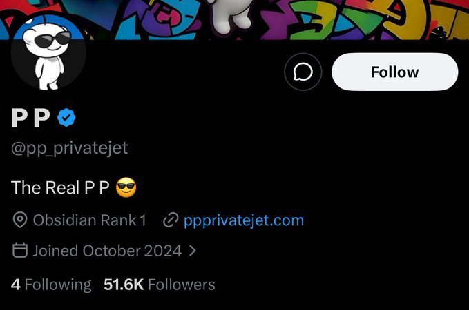 A Twitter/X profile page for "PP" (@pp_privatejet), verified, with "The Real PP 😎" as bio, showing Obsidian Rank 1, 51.6K followers, 4 following, joined October 2024, and a link to ppprivatejet.com. The accompanying post praises the account for quietly giving away $20k without hype, contrasting it with others who make noise about similar giveaways, ending with a dismissive remark about "Web3" critics.