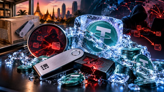 A digital illustration showing Tether (USDT) cryptocurrency coins encased in ice alongside a USB drive, with hooded hacker figures in the background.