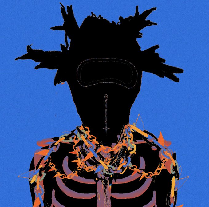 A stylized black silhouette of a figure with spiky hair, goggles, and a zipper for a mouth stands against a blue background, adorned with colorful orange and purple chains around the neck.