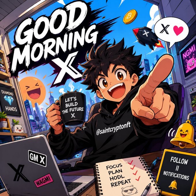 Anime-style illustration of a boy pointing at the viewer with a 'GOOD MORNING X' banner, holding a coffee mug reading 'LET'S BUILD THE FUTURE X' and wearing a hoodie labeled '@saintcryptonft', with crypto elements like a Bitcoin coin and X logo.
