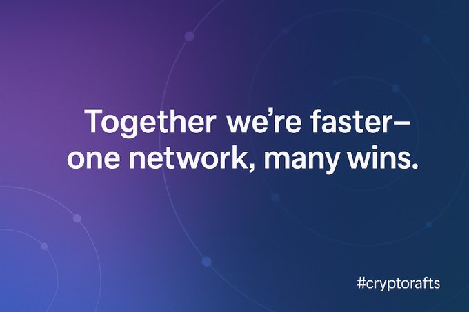 A purple and blue gradient graphic with the text "Together we're faster— one network, many wins." and the hashtag "#cryptorafts".