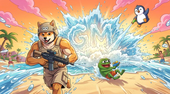 A Shiba Inu soldier with a rifle charges across a beach alongside a joyful frog and a flying penguin, with "GM" exploding from a massive wave behind them—capturing the hustle energy of "Earn first, flex later" through action-packed meme coin camaraderie.