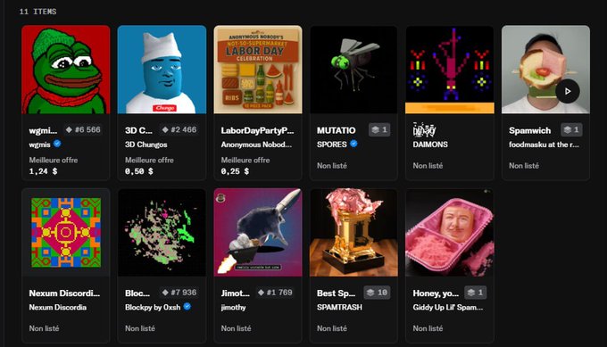 A screenshot of an NFT marketplace listing 11 items, showing a grid of various digital artworks including Pepe-style characters, abstract designs, and pixel art, with usernames and prices in cryptocurrency visible below each item.