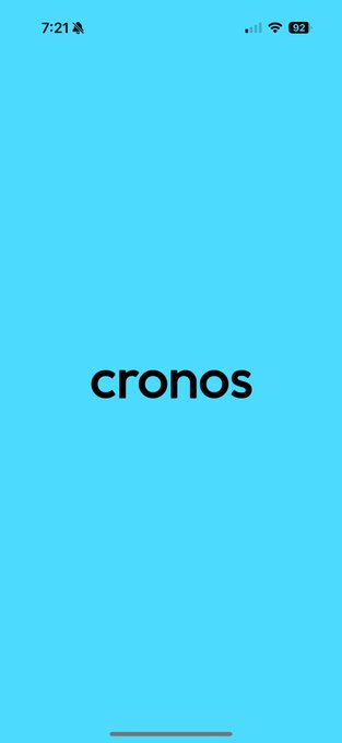 The image displays a bright blue screen with the "cronos" logo centered in black lowercase text. The accompanying post announces that beta invites have been emailed to sign-ups, and this minimalist branding screen likely represents the app's loading or splash page that users will see when they first open Cronos.