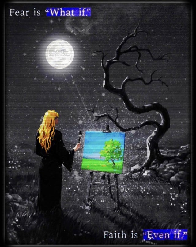 A blonde woman in black paints a vibrant green tree on a canvas, set against a stark, moonlit landscape with a gnarled bare tree. The image bears the text "Fear is 'What if.'" and "Faith is 'Even if.'" — a visual metaphor for choosing optimism amid uncertainty, echoing the post's invitation to embrace $SPX6900 despite unknowns.