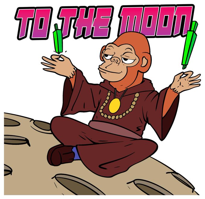 A cartoon orangutan in brown monk robes sits cross-legged on a moon-like surface juggling green vials, with large pink and purple text reading 'TO THE MOON' at the top.