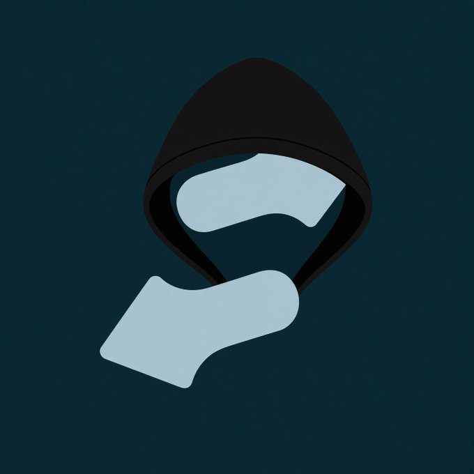 A digital illustration of a stylized, minimalist hooded figure with a black hood covering its face, set against a dark blue background.