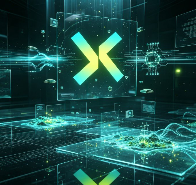 A futuristic digital graphic features a glowing cyan X logo on a glass panel surrounded by holographic data and circuit patterns.