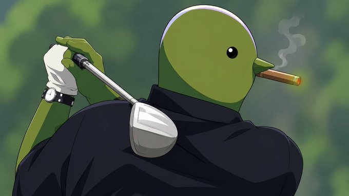 An illustration of a green alien-like character wearing a black shirt, smoking a cigar, and holding a golf club over its shoulder against a green background.