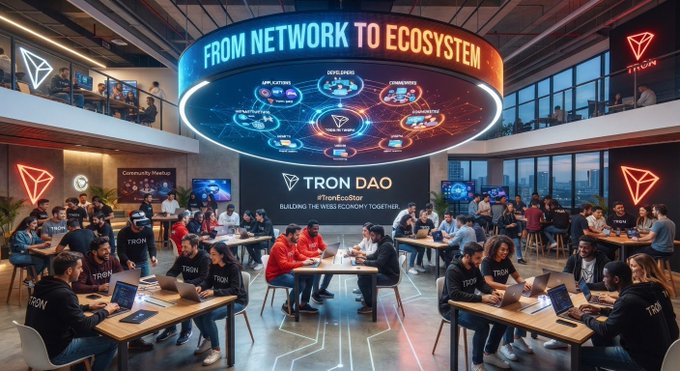 A futuristic Tron DAO convention space labeled "FROM NETWORK TO ECOSYSTEM" and "BUILDING THE WEB3 ECONOMY TOGETHER," filled with attendees working on laptops around glowing tables.