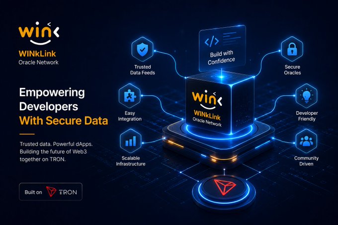 A WINkLink Oracle Network promotional slide titled 'Empowering Developers With Secure Data,' highlighting features like Trusted Data Feeds, Easy Integration, Scalable Infrastructure, Secure Oracles, and Developer Friendly tools built on TRON.