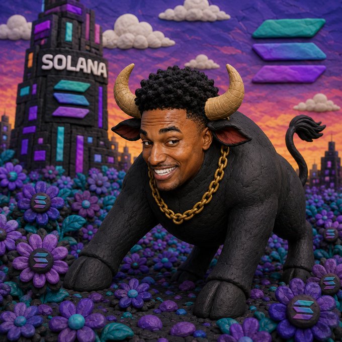 A claymation-style image of a bull with a human face wearing a gold chain, set against a purple landscape with a 'SOLANA' building and Solana logo.