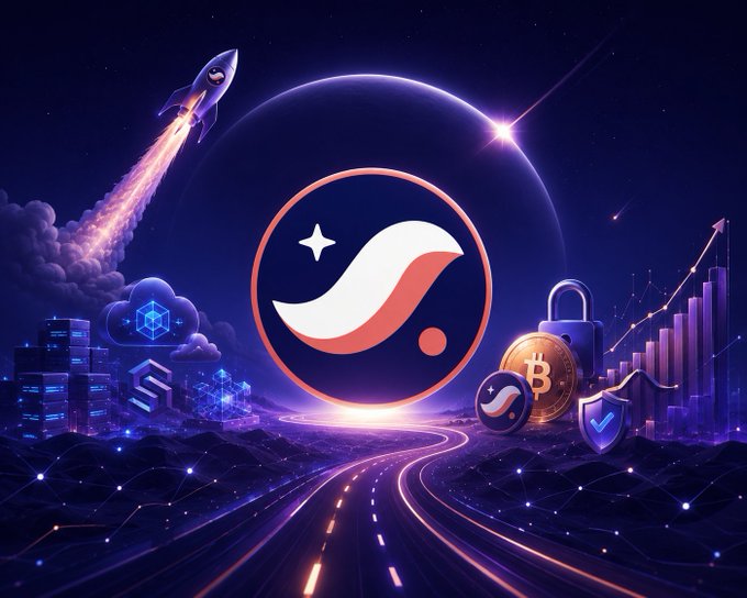 The image features an animated scene set in outer space with a starburst pattern, featuring a spaceship flying through a galaxy surrounded by various planets and stars. A planet displays a coin symbol at its center, while another planet has a shield-like structure. In addition to these elements, there are some clouds floating around the space landscape. The scene also includes a road filled with futuristic vehicles, including cars that resemble spaceships, flying in the air. Above the image is text that says "Only 40% of *************** has passed, yet Starknet has already delivered a remarkable journey. The Privacy arc is now fully underway with strkBTC and STRK20s. Infrastructure has hit a major milestone thanks to S-two proofing and the Starkzap SDK". This post appears to be promoting an event related to cryptocurrency or space exploration and technology advancements, with the spaceship flying over different planets as part of its journey in this digital landscape.