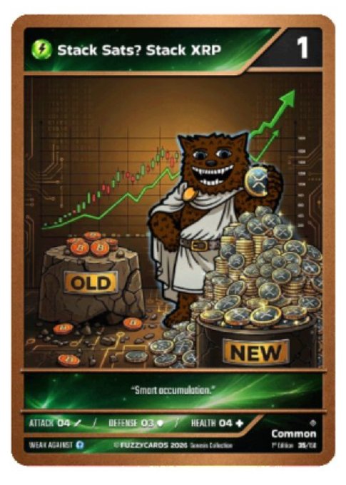 A trading card titled 'Stack Sats? Stack XRP' featuring a cartoon creature holding an XRP coin, with stats Attack 04, Defense 03, Health 04, and the phrase 'Smart accumulation.'