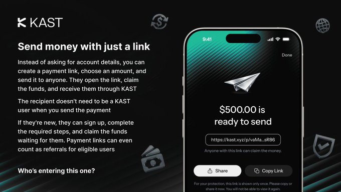 The image features a cell phone with a message displayed on its screen that reads "Send money with just a link @KAST xyz just made payments a lot simpler Instead of asking for account details, you can create a payment link, choose an amount, and send it to anyone. They open the link, claim the funds, and receive them through KAST". The image is related to the post because it showcases how easy and convenient it is to send money using the KAST platform.