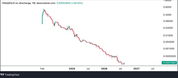 A weekly candlestick chart of TADA/EGLD on xExchange shows a steep decline from ~0.60 down to 0.00018883, a 99.97% loss over roughly 2.5 years, visually confirming the post's warning that there is no bull run for TADA.