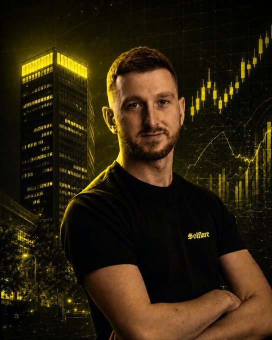 A confident man wearing a black "Solflare" t-shirt stands with arms crossed in front of a yellow-tinted backdrop featuring a glowing city skyscraper and an ascending financial chart, projecting a tone of anticipation and upward momentum that aligns with the teaser "tomorrow."