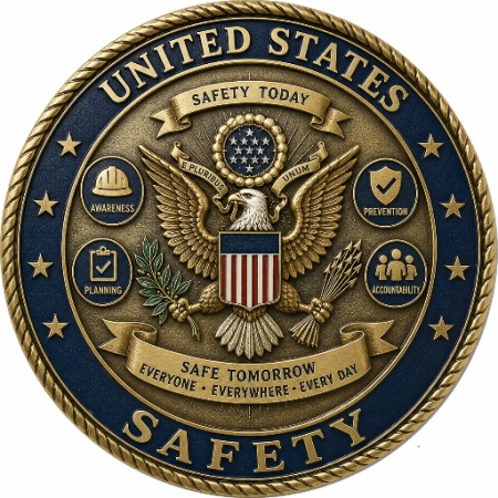 A bronze and blue United States Department of Labor safety seal featuring an eagle, shield, and the text 'UNITED STATES SAFETY' with surrounding banners reading 'SAFETY TODAY' and 'SAFE TOMORROW EVERYONE - EVERYWHERE - EVERY DAY', along with icons for Awareness, Planning, Prevention, and Accountability.