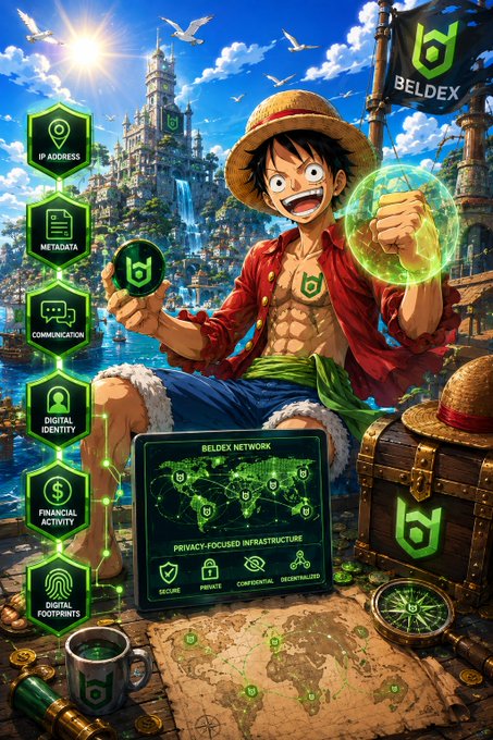 An anime-style promotional image for 'BELDEX' featuring a One Piece-inspired character with a straw hat holding a glowing green shield, surrounded by features like IP Address, Metadata, Communication, Digital Identity, Financial Activity, and Digital Footprints, with a tablet showing the 'Beldex Network' and 'Privacy-Focused Infrastructure'.