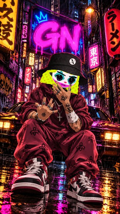 A vibrant streetwear mascot with neon yellow hair and a clown-painted face crouches on a wet city street, wearing a black bucket hat and a red patterned outfit with matching sneakers. Behind them, a glowing pink graffiti-style sign reads 'GN' beneath a blue crown, surrounded by Japanese neon signage including '東京' (Tokyo) and 'ラーメン' (ramen).