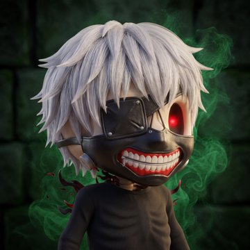 A 3D chibi-style character with white spiky hair, a black mask featuring a grinning mouth with sharp teeth, and a glowing red eye, surrounded by green mist. The image relates to the post as the user's PFP, inspired by Tokyo Ghoul's Kaneki and $ANSEM, which they are considering using while waiting to obtain a Bullpen NFT.