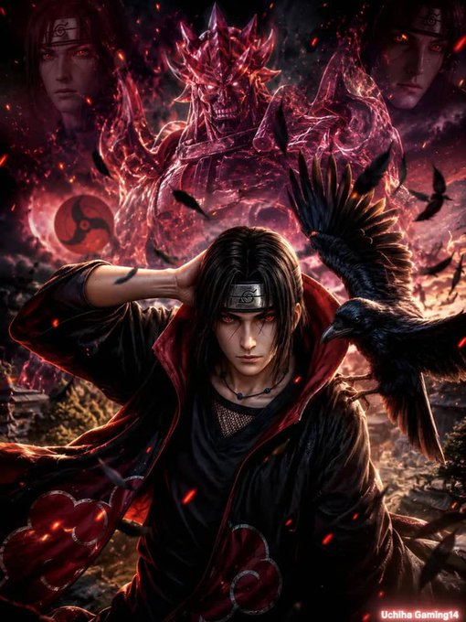 An anime-style artwork of a dark-haired Uchiha ninja with a crow, set against a fiery red backdrop featuring a menacing demon figure and the Uchiha crest, watermarked 'Uchiha Gaming14'.