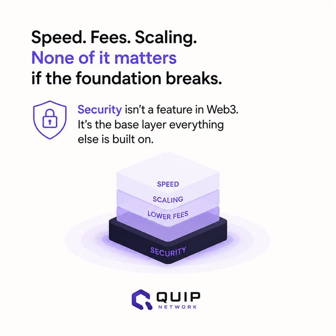 The image features a purple cube with three layers stacked on top of each other, accompanied by text that reads "Speed. Fees. Scaling. None of it matters if the foundation breaks." The text also includes Quip Network's logo at the bottom right corner and mentions that Quip Network is building something most people are still trying to fully understand.