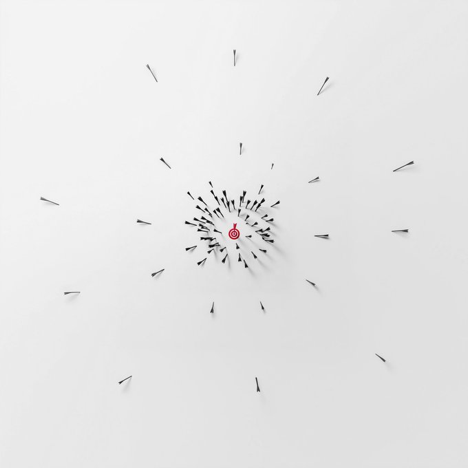 A conceptual image showing black arrows converging toward a red target in the center, while scattered arrows point away from it in various directions, symbolizing the anxiety and distraction caused by "FOMO" (Fear of Missing Out) as people rush toward trending opportunities while missing other possibilities around them.