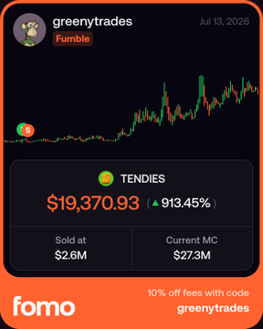 A post from user @greenytrades shows a $19,370.93 gain (913.45%) on $TENDIES, sold at a $2.6M market cap, illustrating the user's point about sharing losses and fumbles rather than just wins in trading.
